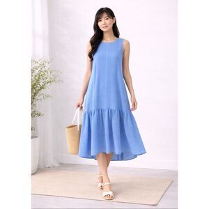 ADEAM Blue Cotton Drop Waist Dress Textured Tiered Swing Midi M Japan
